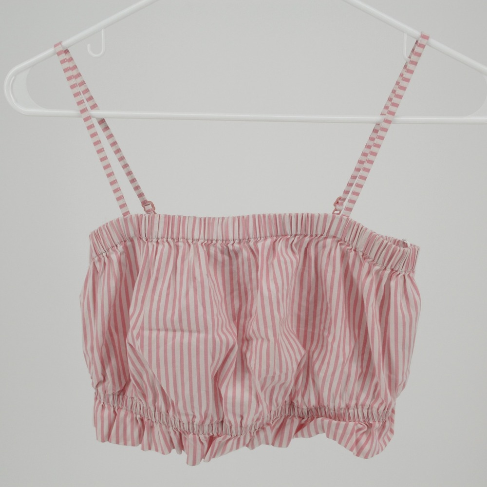 Kimchi Me Women's Pink Striped Ruffle Smocked Hem Cami Crop Top Size XS